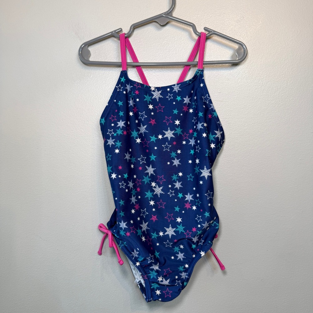 Speedo Girls One Piece Swimsuit Navy Blue Pink Star Print Side Ties Size XS